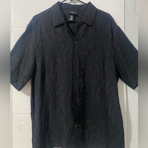 H&M Mens Black Textured Short Sleeve Button Down Shirt Regular Fit Size L